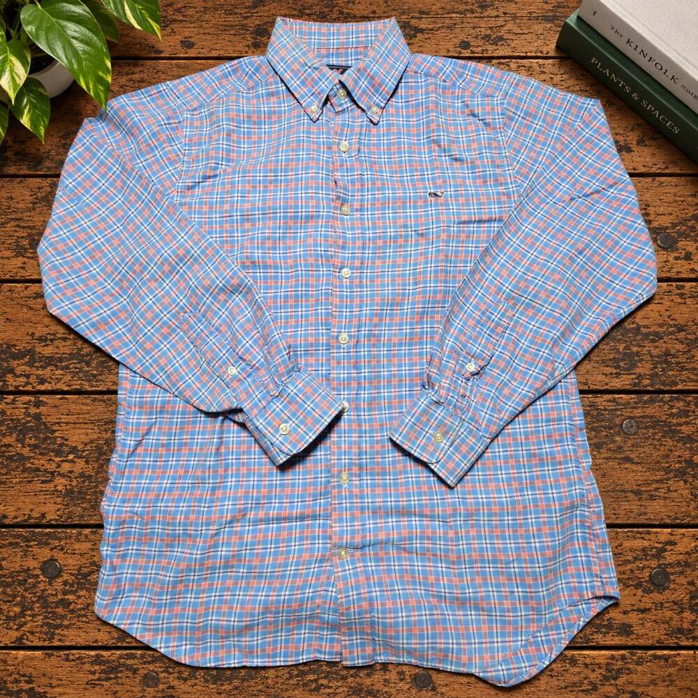 Vineyard Vines Slim Fit Whale Shirt Mens Medium Blue Pink Plaid Button Down
